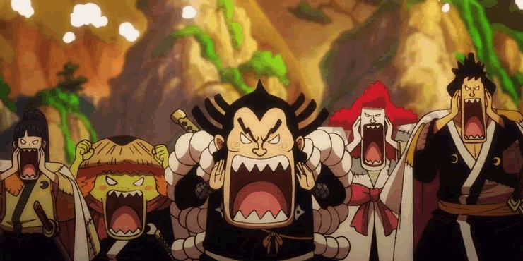 One-Piece-Raizo-Kinemon-Kikunojo-Kawamatsu-Kanjuro-nine-red-scabbards-angry-at-oden-kozuki-wano-country-kuni-arc-land-of